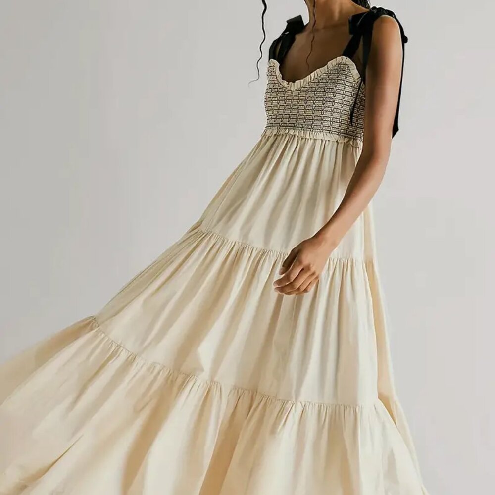 Black and Beige Contrast Sleeveless Tiered Hem Flowy Maxi Dress (sz L)